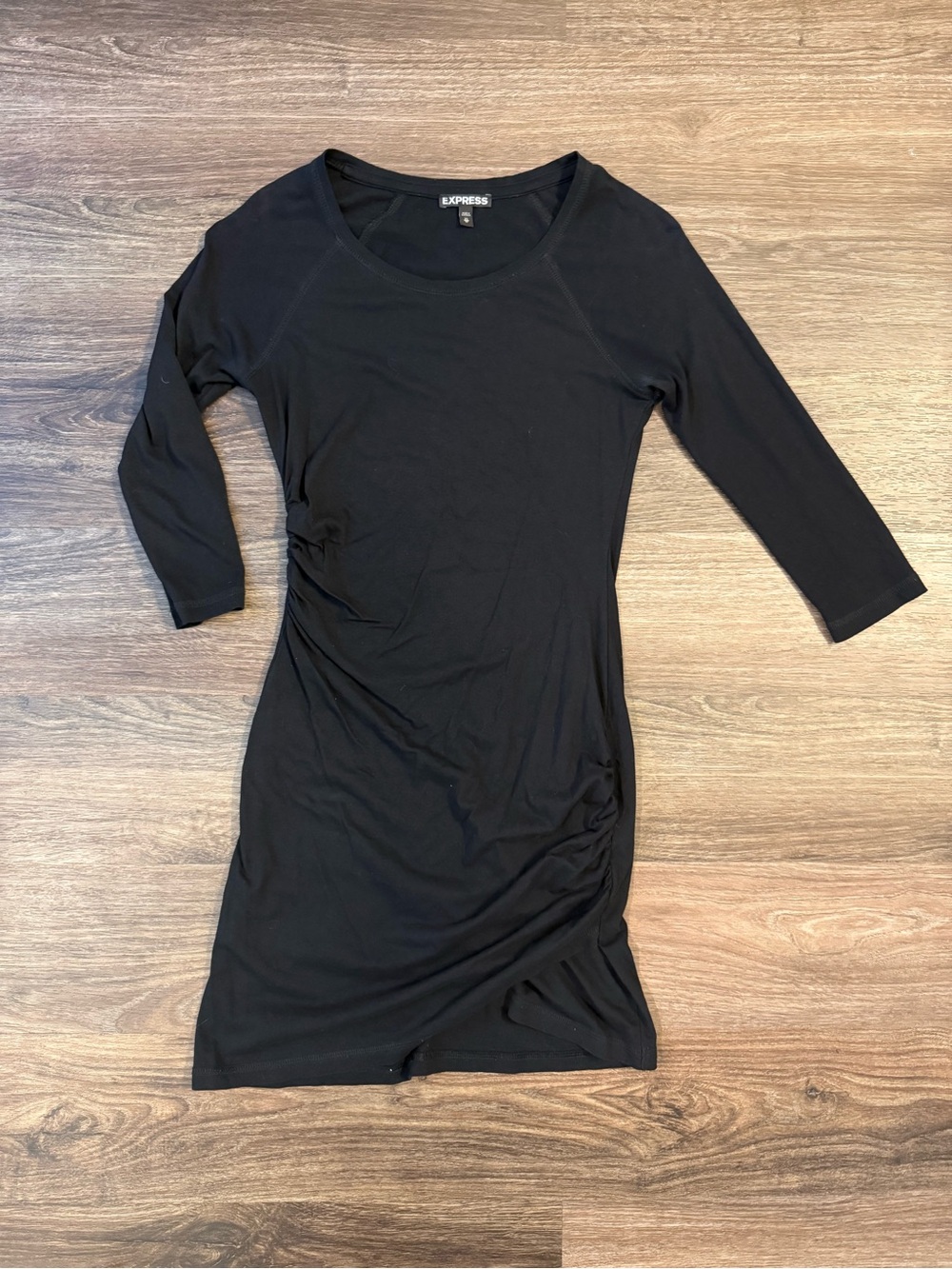Express Black Midi Scoop Neck Dress with Side Ruching and 3/4 length sleeves